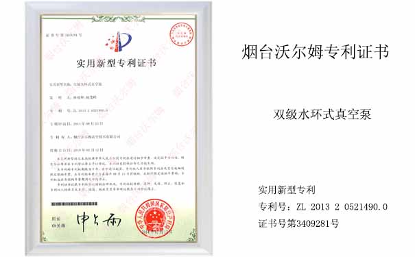 沃爾姆專(zhuān)利證書(shū)：雙級(jí)水環(huán)式真空泵證書(shū)